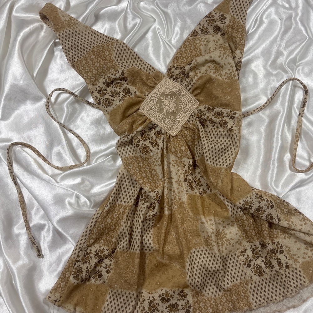 y2k Halter Top Camel Excellent No Boundaries Patchwork Floral Lace Medallion - Picture 2 of 5